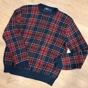 Vintage Polo Ralph Lauren Red and Blue Plaid Crewneck Sweater 100% Cotton